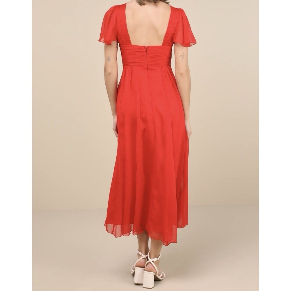 Lulus Women Dress XL Ideal Perception Midi Red Flutter Sleeve V Neck Wedding NWT - Picture 4 of 16